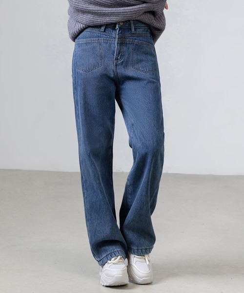 セール】レディース 裏起毛スマートストレートデニムパンツ（デニム