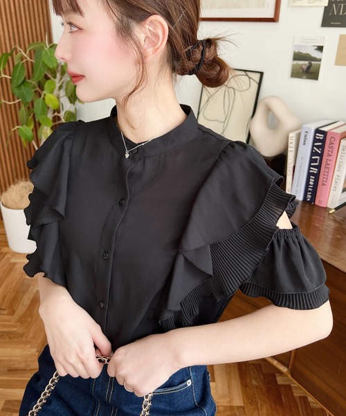 セール】シフォンジョーゼット半袖ダブルフリルブラウス（シャツ