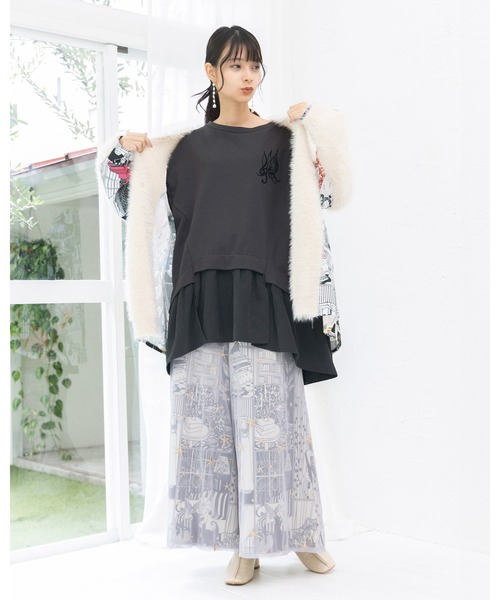 【セール】543243：レディの嗜みプリント×星刺繍チュール重ねパンツ（その他パンツ）｜iS ScoLar（イズスカラー）