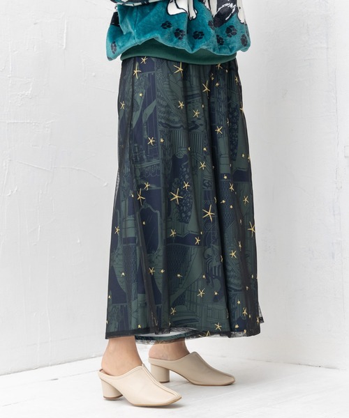 【セール】543243：レディの嗜みプリント×星刺繍チュール重ねパンツ（その他パンツ）｜iS ScoLar（イズスカラー）