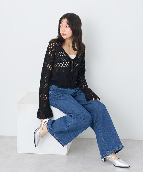 earth music&ecology（アースミュージックアンドエコロジー）の「フロントリボン透かし編みカーディガン（カーディガン/ボレロ・レディース・アイボリー/ブラック/レッド・FREE）」の22枚目の写真