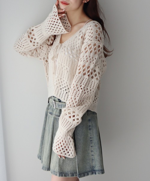 セール】フロントリボン透かし編みカーディガン（カーディガン