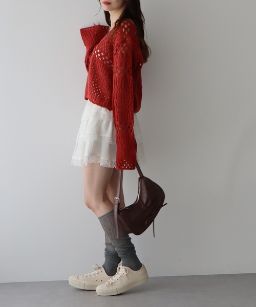 earth music&ecology（アースミュージックアンドエコロジー）の「フロントリボン透かし編みカーディガン（カーディガン/ボレロ・レディース・アイボリー/ブラック/レッド・FREE）」の17枚目の写真