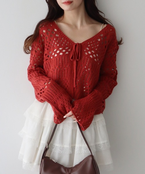 earth music&ecology（アースミュージックアンドエコロジー）の「フロントリボン透かし編みカーディガン（カーディガン/ボレロ・レディース・アイボリー/ブラック/レッド・FREE）」の13枚目の写真