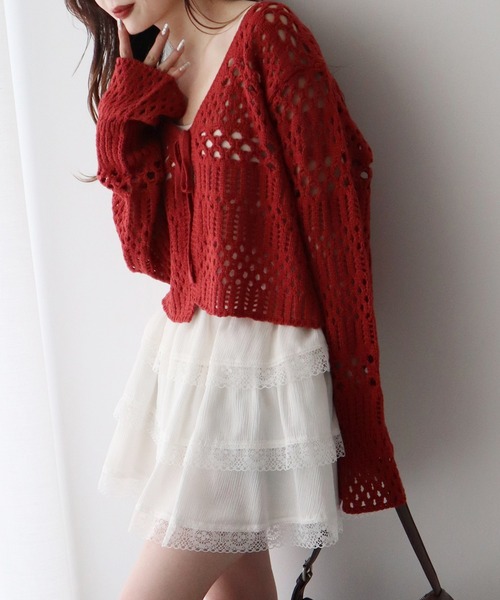 earth music&ecology（アースミュージックアンドエコロジー）の「フロントリボン透かし編みカーディガン（カーディガン/ボレロ・レディース・アイボリー/ブラック/レッド・FREE）」の14枚目の写真