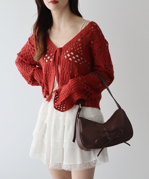 earth music&ecology（アースミュージックアンドエコロジー）の「フロントリボン透かし編みカーディガン（カーディガン/ボレロ・レディース・アイボリー/ブラック/レッド・FREE）」の15枚目の写真