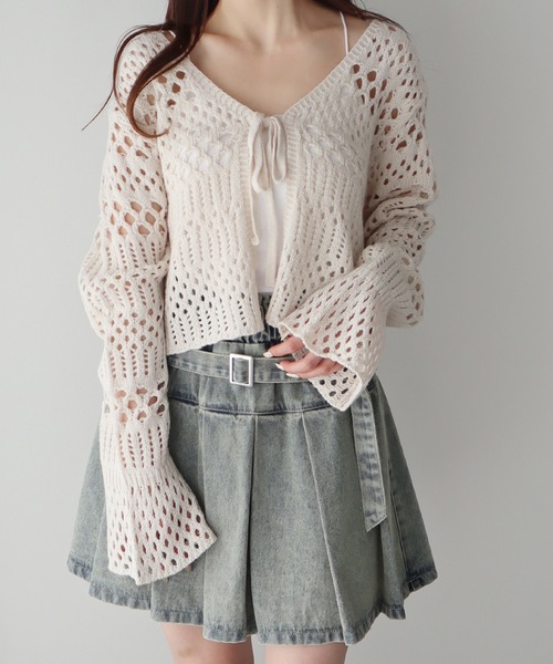 セール】フロントリボン透かし編みカーディガン（カーディガン