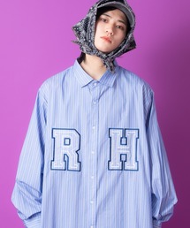 a.p.o.v. ロゴ刺繍ワッペンオーバーサイズマルチストライプシャツ