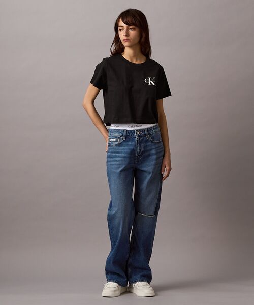 【完売間近】カルバンクライン 黒x白デザイン柄長袖ラップミディ カルバンクライン CKロゴ 長袖Tシャツ 送料無料