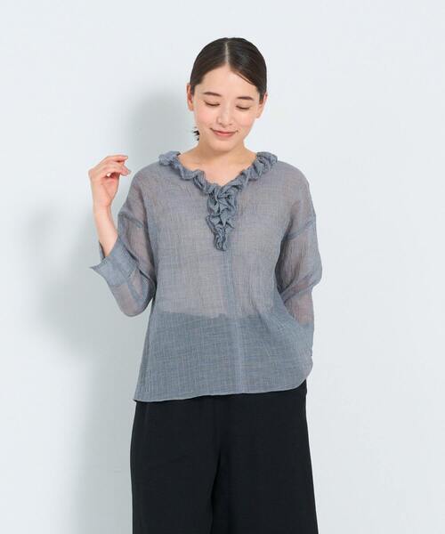 ADIEU TRISTESSE（アデュートリステス）の「フリルカラープルオーバーブラウス（シャツ/ブラウス・レディース・オフホワイト/パープル/チェック・38）」の3枚目の写真