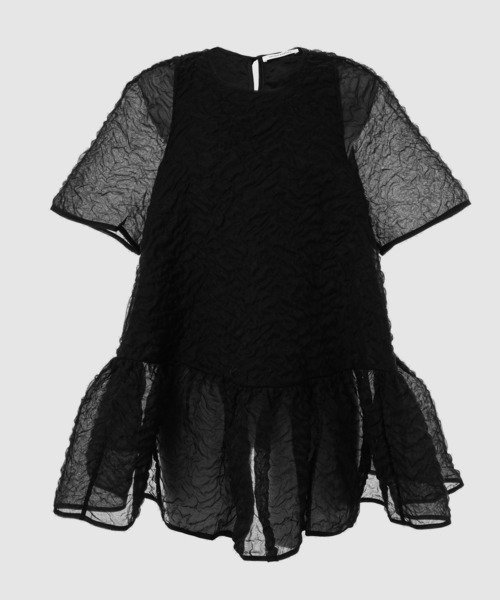 セール】SHORT SLEEVE TOP WITH HEM RUFFLE AND RAISED BACK