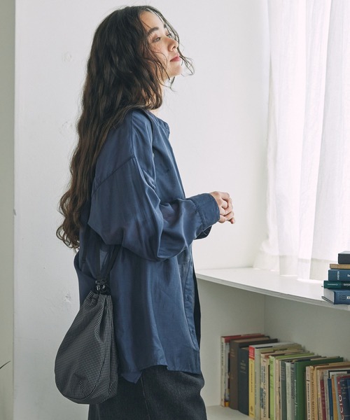 バンドカラー オーバーサイズ シアーシャツ ≪冷房対策/体型カバー