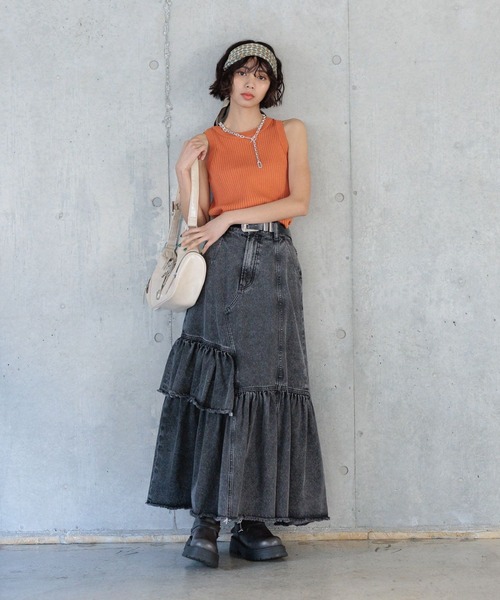 PAGEBOY（ページボーイ）の「ケミカルフリルスカート（デニムスカート・レディース・ブラック/ブルー・FREE）」の3枚目の写真