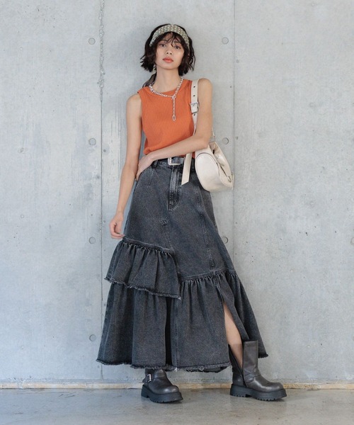 PAGEBOY（ページボーイ）の「ケミカルフリルスカート（デニムスカート・レディース・ブラック/ブルー・FREE）」の4枚目の写真