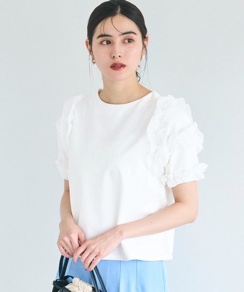 LA7139 シソラス 半袖フリル ニット トップス レーヨン ナイロン M 袖フリル半袖トップス（Tシャツ/カットソー）｜coca（coca