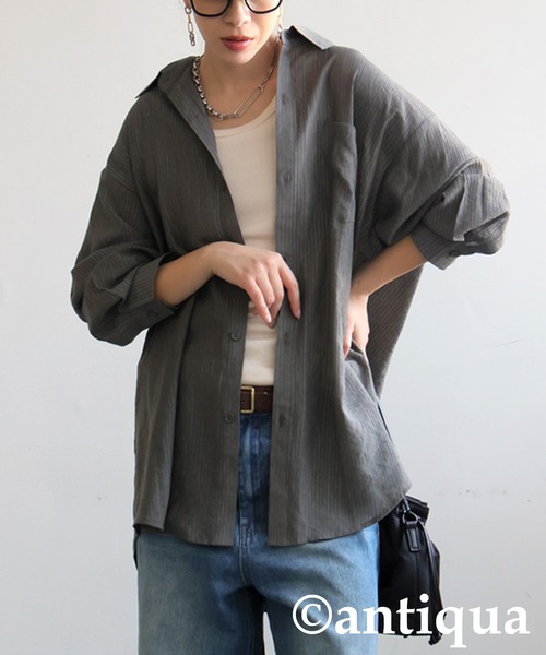 antiqua(アンティカ)の「凹凸ストライプシアーシャツ(シャツ/ブラウス・レディース・アイボリー/ダークグレー/グリーン・ONESIZE)」の19枚目の写真