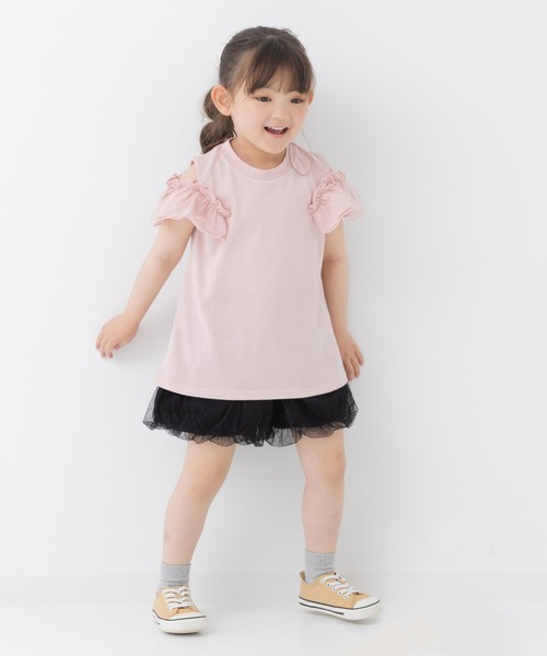 ホワイト フリル付き Tシャツ チュール肩フリルTシャツ