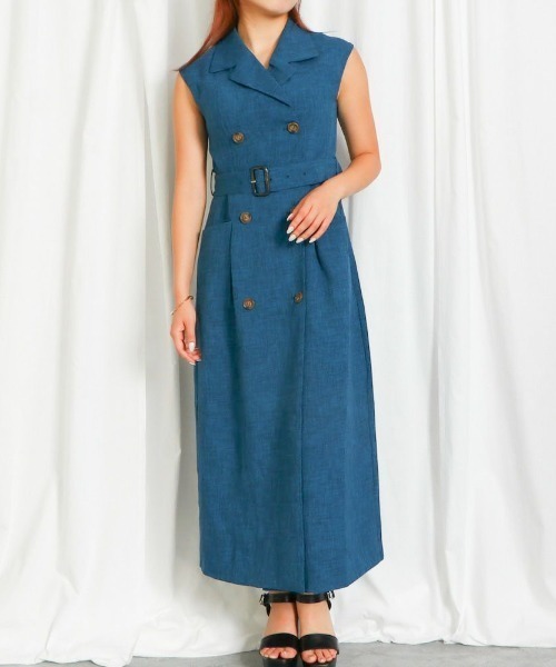GORGE(ゴージ)の「《ダブルボタン×共布ベルト》レディース ノースリーブ ロングジレワンピース スラブ生地 きれいめ 春夏秋(ワンピース・レディース・ネイビー/グレー/ブラック・F)」の12枚目の写真