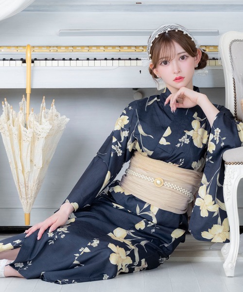 浴衣 ワンピース セット セパレート アンティーク 百合 紺 ネイビー