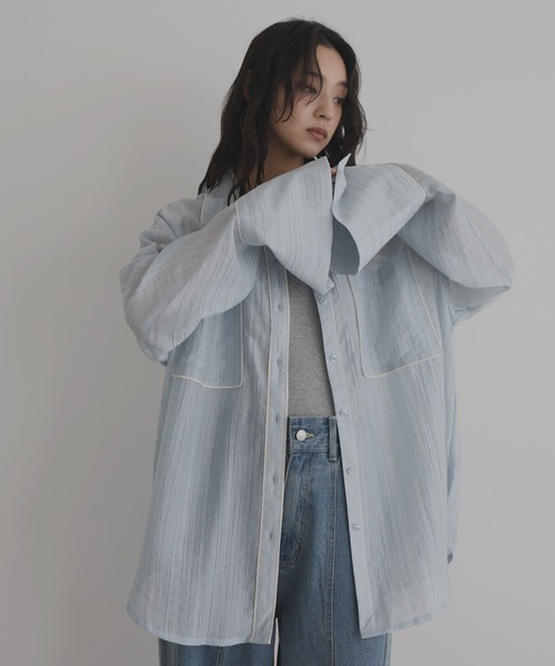 hellam（へラム）の「配色パイピング オーバーサイズシアーシャツ（シャツ/ブラウス・レディース・ブラック/ブラウン/イエロー/ブルー/アイボリー・FREE）」の14枚目の写真