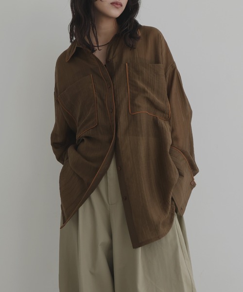 ブラウス シャツ 配色パイピング オーバーサイズシアーシャツ レディース hellam ブラウス シャツ 配色パイピング オーバーサイズシアー