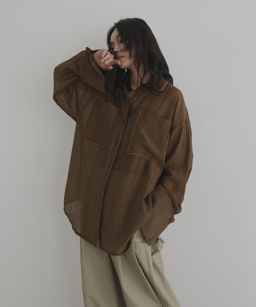 FRAMeWORK 24SSラミースタンドブルゾンシアーシャツ 配色パイピング オーバーサイズシアーシャツ（シャツ/ブラウス