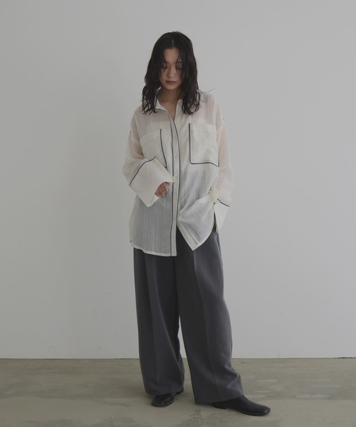 ブラウス シャツ 配色パイピング オーバーサイズシアーシャツ レディース hellam ブラウス シャツ 配色パイピング オーバーサイズシアー