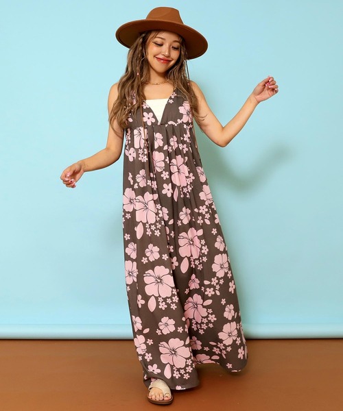 anap mimpi（アナップミンピ）の「リネンライク ハイビスカス柄 キャミソール ロング フレア ワンピース（ワンピース・レディース・ダークグレー/オレンジ/ターコイズブルー・FREE）」の2枚目の写真