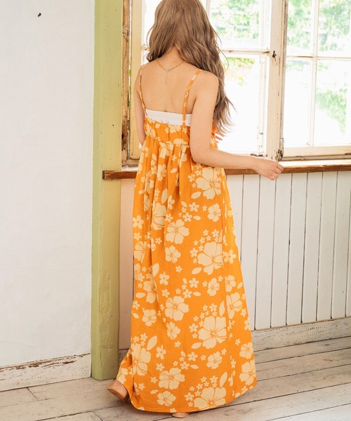 セール】リネンライク ハイビスカス柄 キャミソール ロング フレア