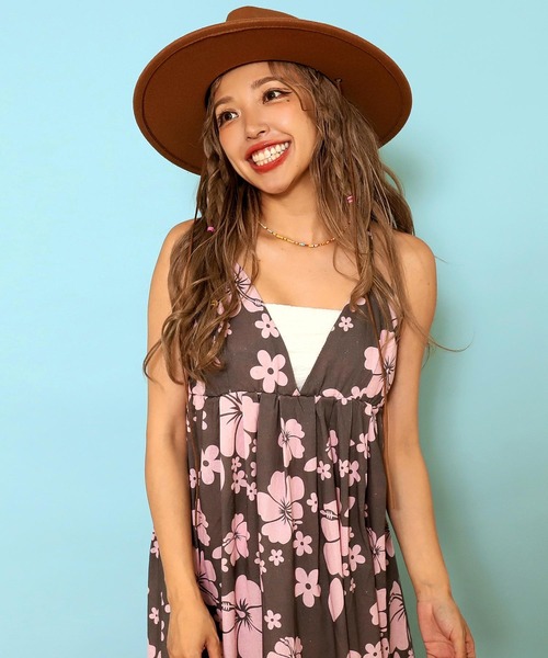 anap mimpi（アナップミンピ）の「リネンライク ハイビスカス柄 キャミソール ロング フレア ワンピース（ワンピース・レディース・ダークグレー/オレンジ/ターコイズブルー・FREE）」の16枚目の写真