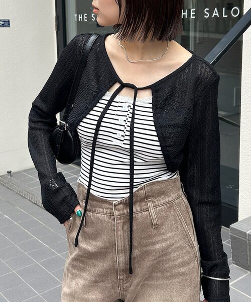 mystic（ミスティック）の「ギャザーリボンボレロ（カーディガン/ボレロ・レディース・ブラック系その他2/ブラック/オフホワイト/グレー・FREE）」の3枚目の写真