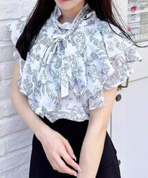 花柄フリル2Wayボウタイノースリブラウス