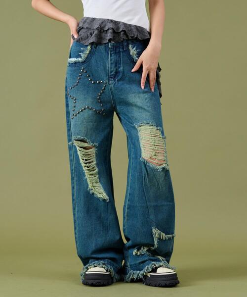 ＃ダメージ・デニム FREAK'S STORE/ワイドシルエット カーブ ダメージ加工 デニム