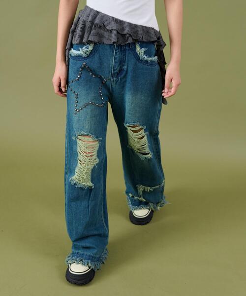 SKINS クリスタルストーンスタッズ ダメージ加工デニム SKINS