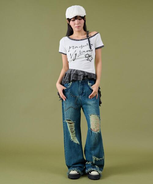 セール】DISPARK/【25年秋冬新作】スタッズスターダメージデニム