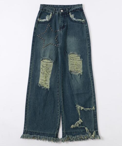 セール】DISPARK/【25年秋冬新作】スタッズスターダメージデニム