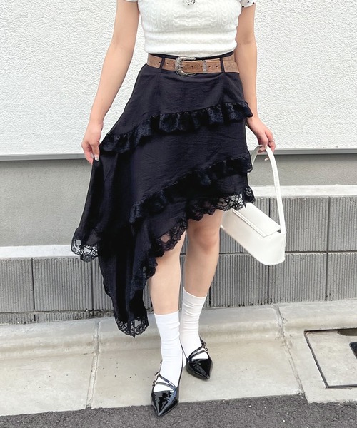 frunco(フランコ)の「ビンテージ風ベルト付きアシメスカート(スカート・レディース・ブラック/ホワイト・MEDIUM)」の1枚目の写真