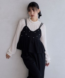 forksy.（フォルクシー）の「【forksy.】【オケージョン対応】パール付きペプラムプリーツキャミソール&ギャザーウェストワイドパンツ セットアップ（セットアップ）」