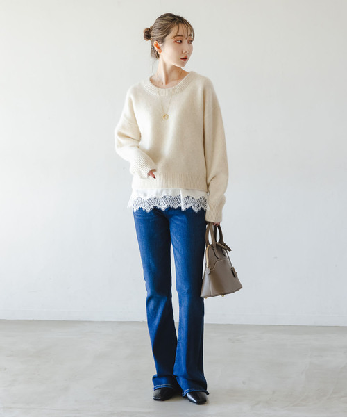 Noble（ノーブル）の「YAKクルーネックプルオーバー（ニット/セーター・レディース・ピンク/ホワイト系その他/ダークブルー・FREE）」の7枚目の写真