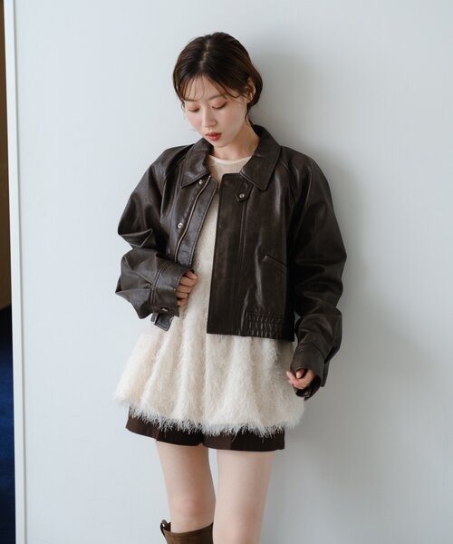 kastane フェイクレザーショートブルゾンブラウン Kastane ブルゾン アウター 「2サイズ展開」フェイクレザー