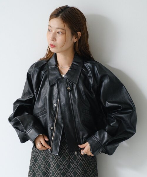 ⭐★かこ★⭐　　 ショートブルゾン ネイビー　サイズ2 カシミヤ混 2サイズ展開/襟2WAY】フェイクレザーショートブルゾン（ブルゾン