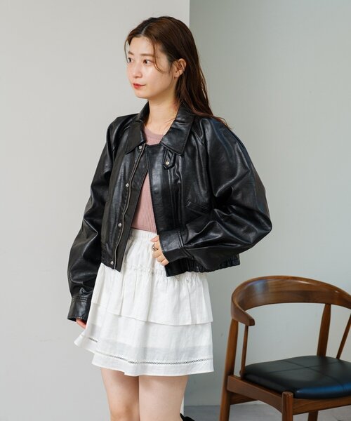 2サイズ展開/襟2WAY】フェイクレザーショートブルゾン（ブルゾン