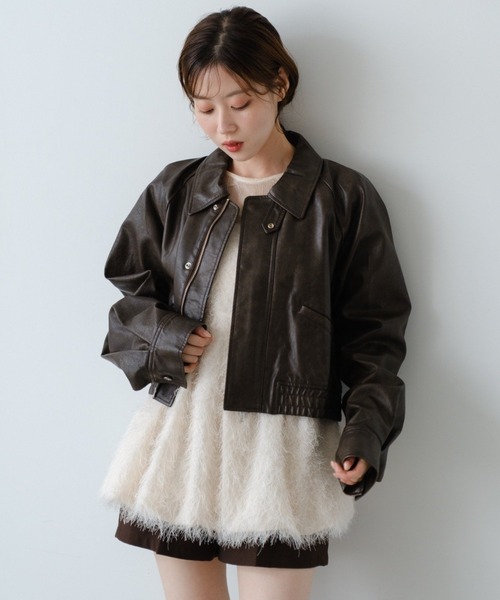 2サイズ展開/襟2WAY】フェイクレザーショートブルゾン（ブルゾン