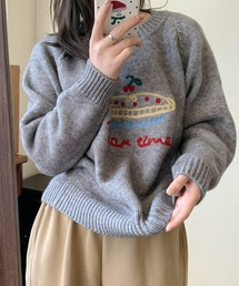 クルーネック 刺繍 オーバーサイズ ニット プルオーバー