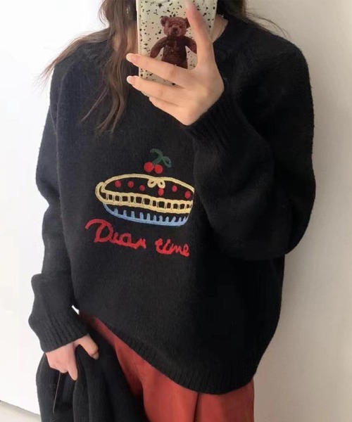 Lace Ladies(レースレディース)の「クルーネック 刺繍 オーバーサイズ ニット プルオーバー(ニット/セーター・レディース・グレー/グリーン/ブラック/アイボリー・FREE)」の2枚目の写真