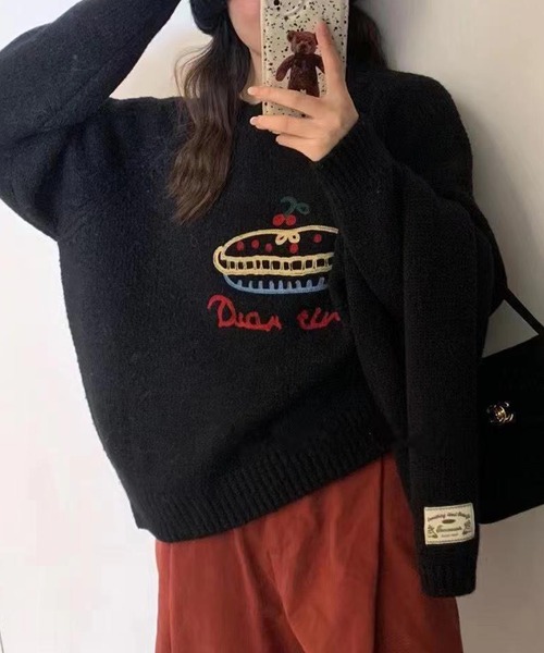 Lace Ladies(レースレディース)の「クルーネック 刺繍 オーバーサイズ ニット プルオーバー(ニット/セーター・レディース・グレー/グリーン/ブラック/アイボリー・FREE)」の6枚目の写真