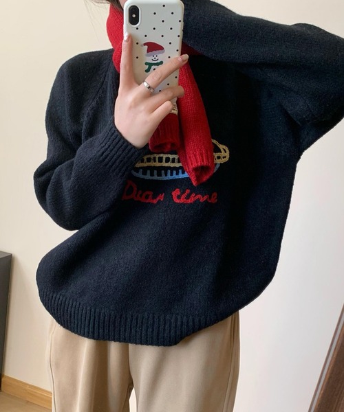 Lace Ladies(レースレディース)の「クルーネック 刺繍 オーバーサイズ ニット プルオーバー(ニット/セーター・レディース・グレー/グリーン/ブラック/アイボリー・FREE)」の7枚目の写真