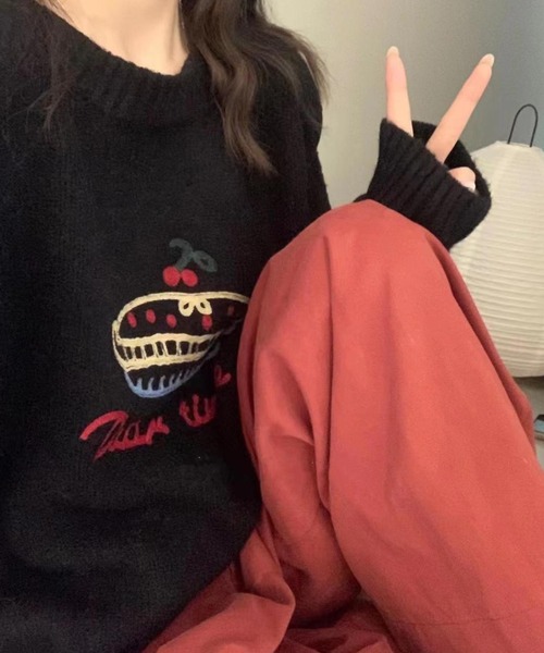Lace Ladies(レースレディース)の「クルーネック 刺繍 オーバーサイズ ニット プルオーバー(ニット/セーター・レディース・グレー/グリーン/ブラック/アイボリー・FREE)」の8枚目の写真