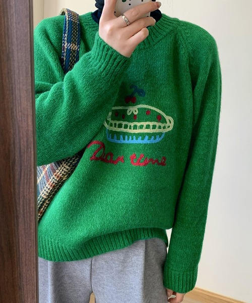 Lace Ladies(レースレディース)の「クルーネック 刺繍 オーバーサイズ ニット プルオーバー(ニット/セーター・レディース・グレー/グリーン/ブラック/アイボリー・FREE)」の9枚目の写真
