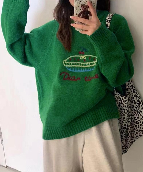 Lace Ladies(レースレディース)の「クルーネック 刺繍 オーバーサイズ ニット プルオーバー(ニット/セーター・レディース・グレー/グリーン/ブラック/アイボリー・FREE)」の10枚目の写真